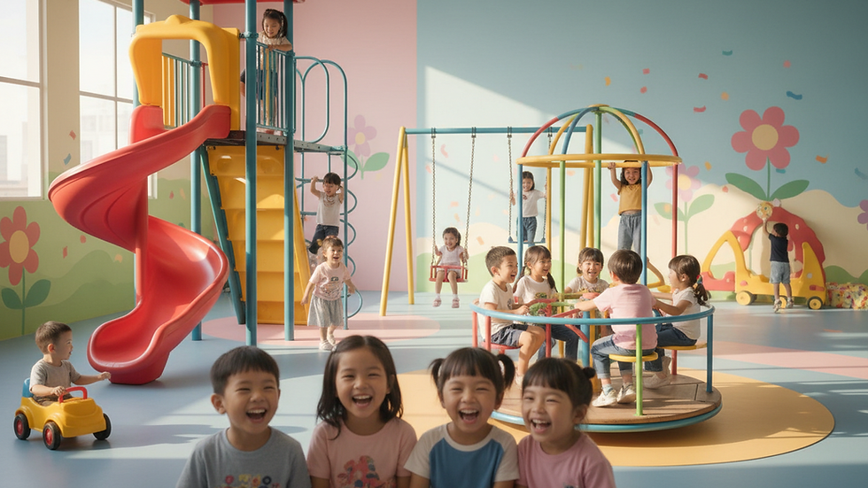 eye-level view of a colorful playground with children playing happily