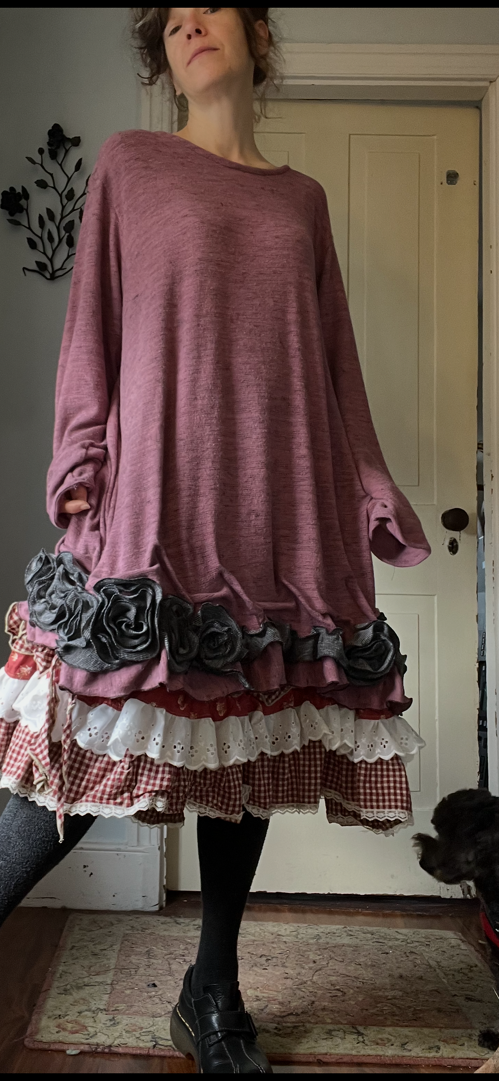 Thumbnail: Pink/Gray Frilly Rose Flower Baggy Sweater Tee!! O/S