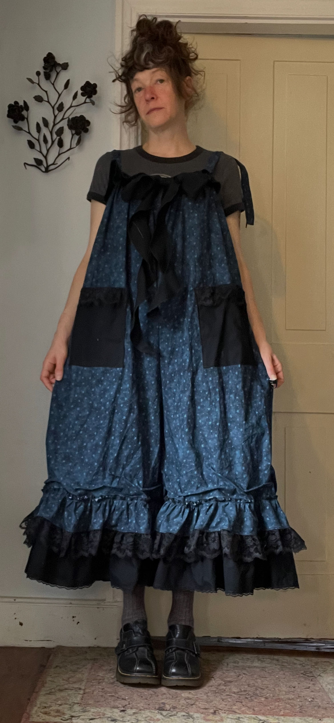 Teal/Black Starry Fluffy Bowtie Babydoll Overalls!! O/S