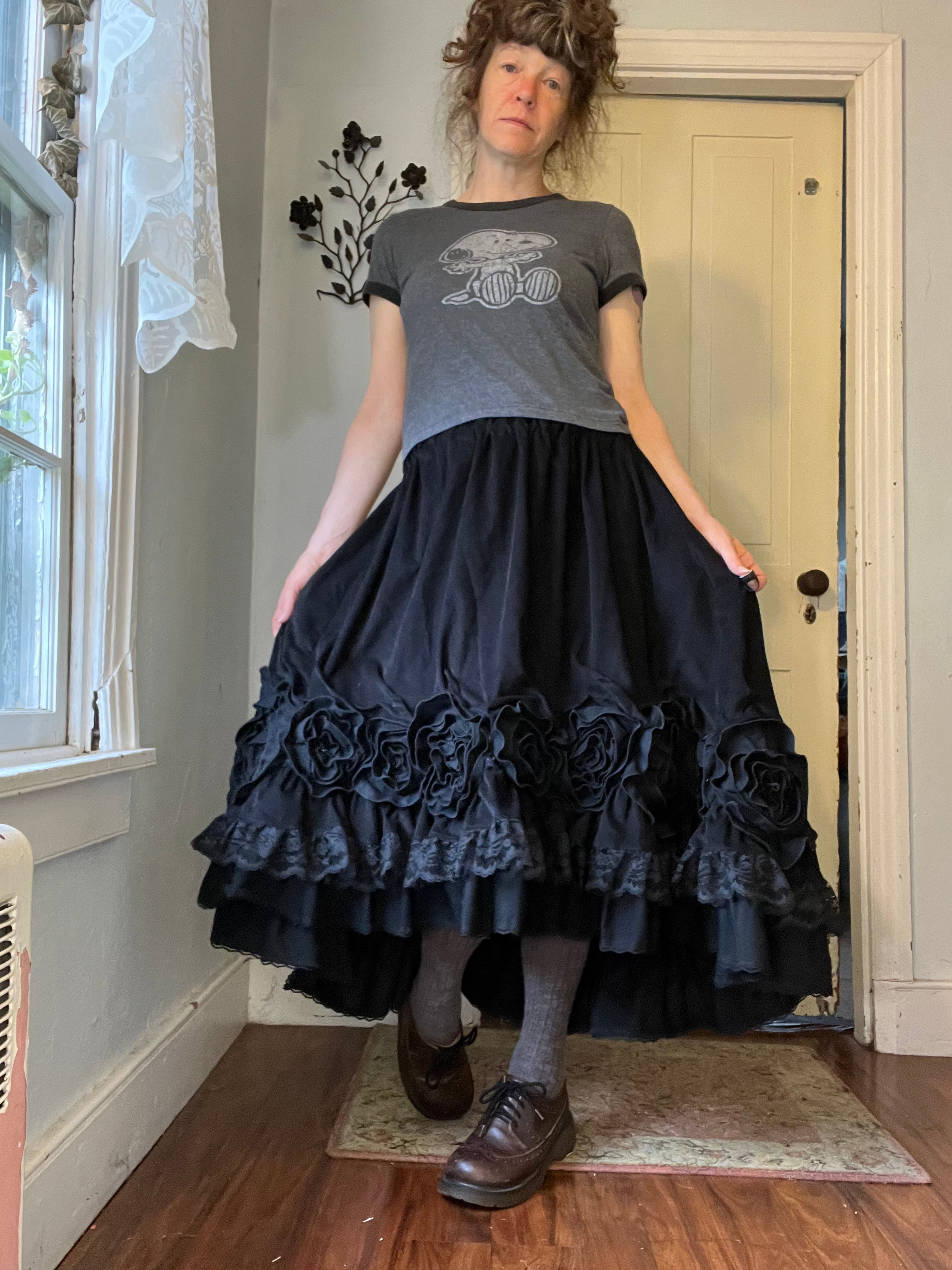Black Velvety Corduroy Flared Rose Flower Midi Skirt! O/S
