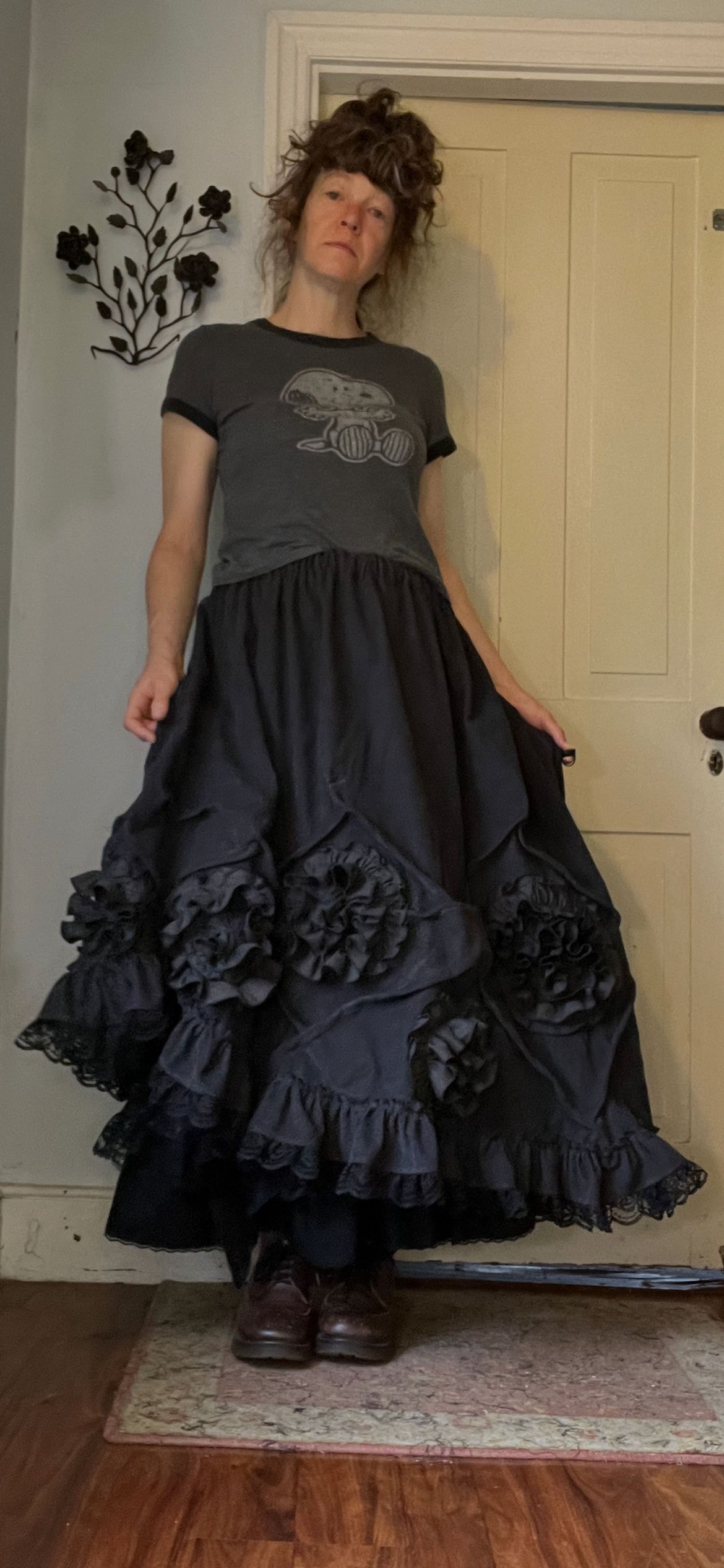Charcoal Corduroy Slanted Swirl Flower Skirt!! O/S
