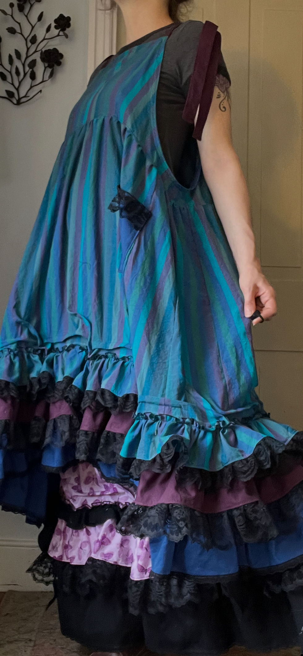 Thumbnail: Blue Stripe Ruffly Lacy Apron Jumper!! O/S