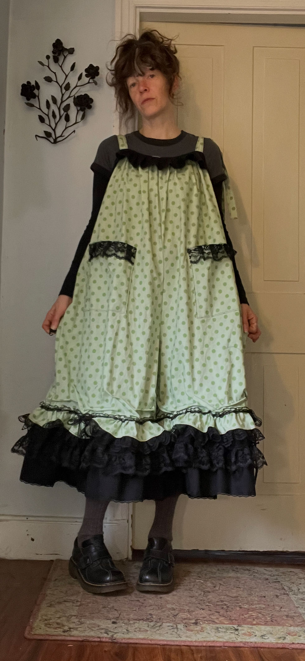 Thumbnail: Springy Green Dot Ruffly Lacy Bowtie Overalls!! O/S