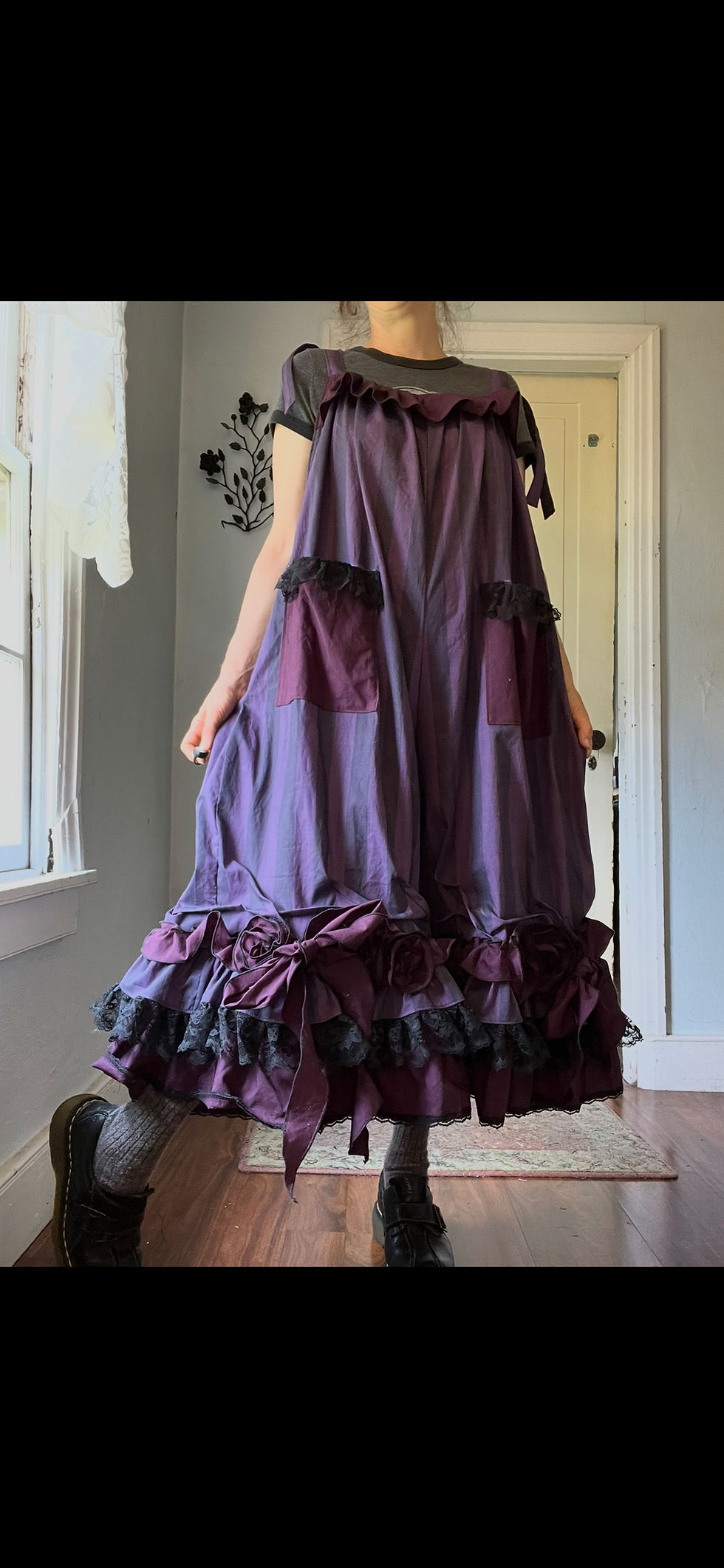 Thumbnail: Purple Stripe/Plum Bows and Roses Babydoll Overalls!! O/S