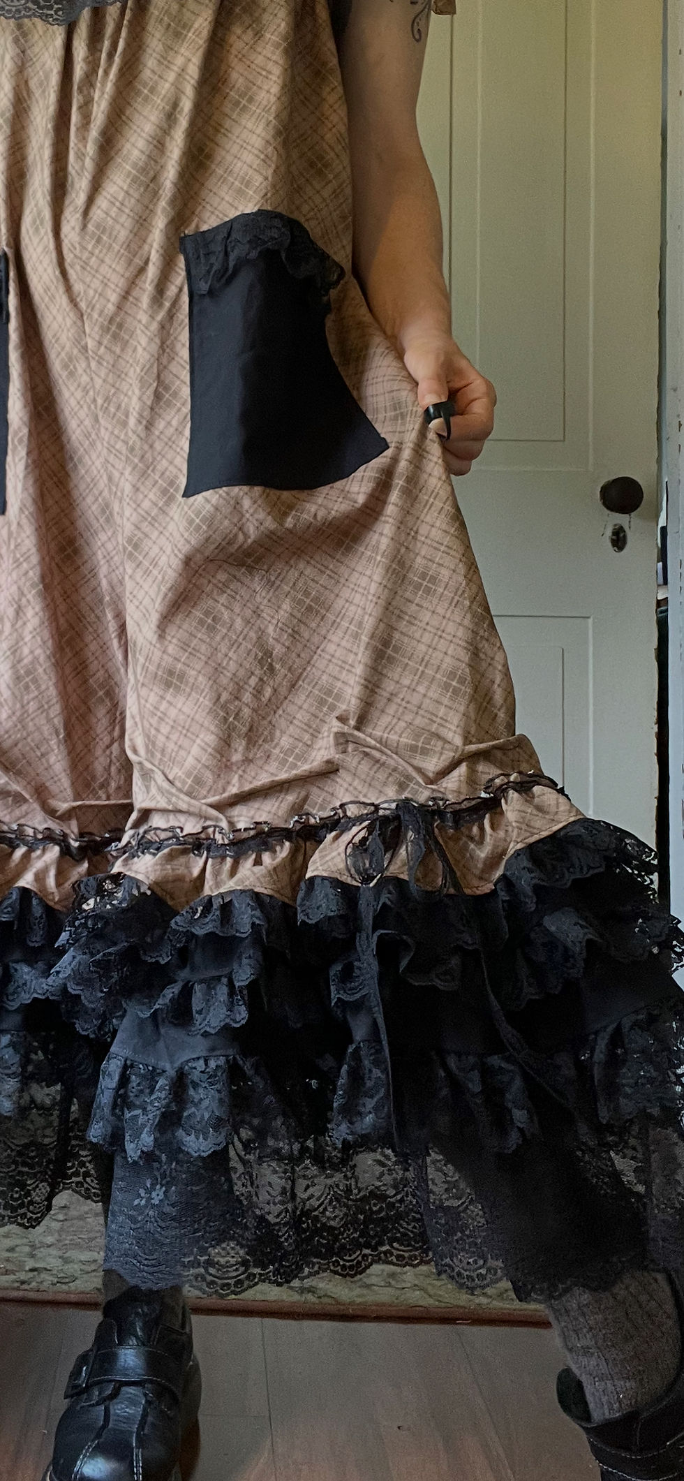 Thumbnail: Brown Plaid Super Ruffly Bowtie Babydoll Overalls!! O/S