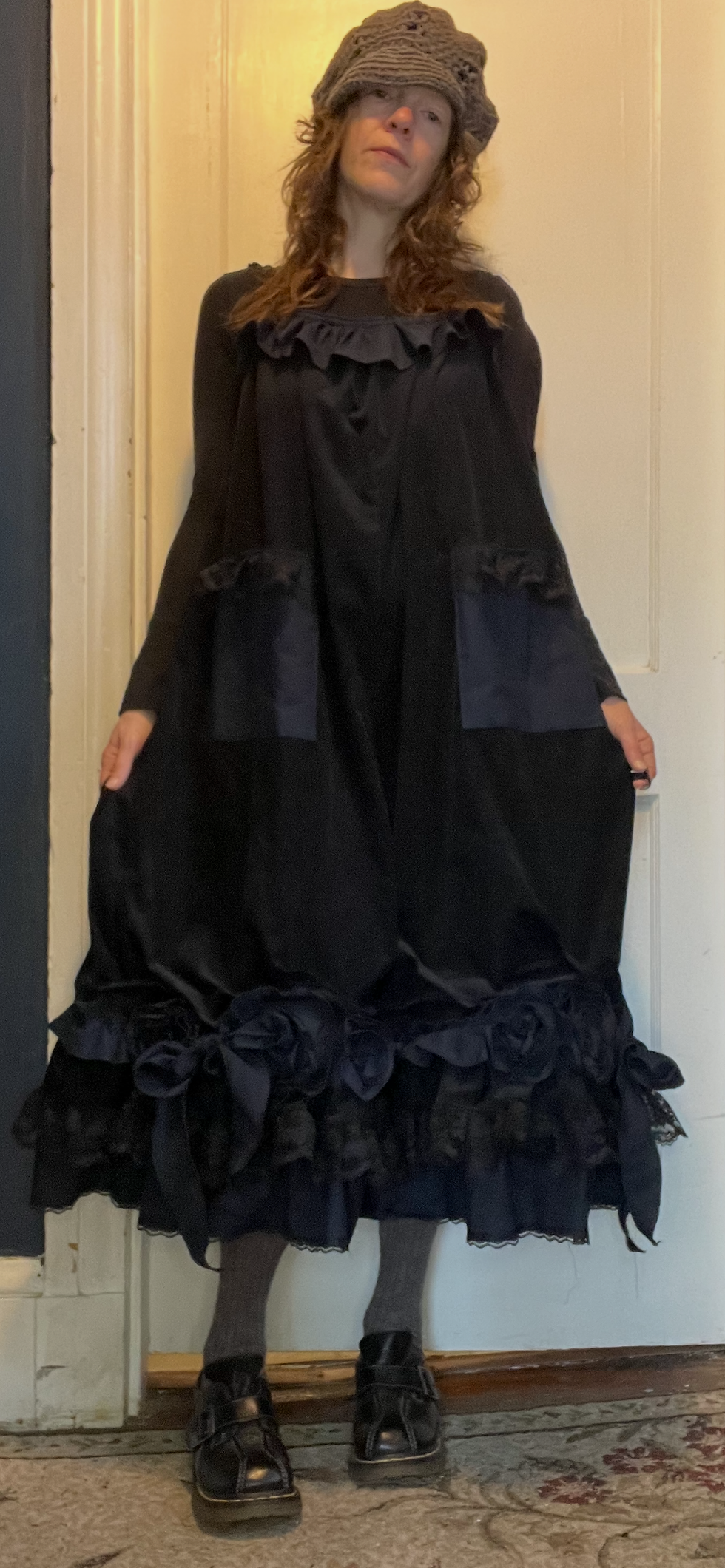 Thumbnail: Black Velvety Corduroy/Midnight Bows and Roses Babydoll Overalls!! O/S