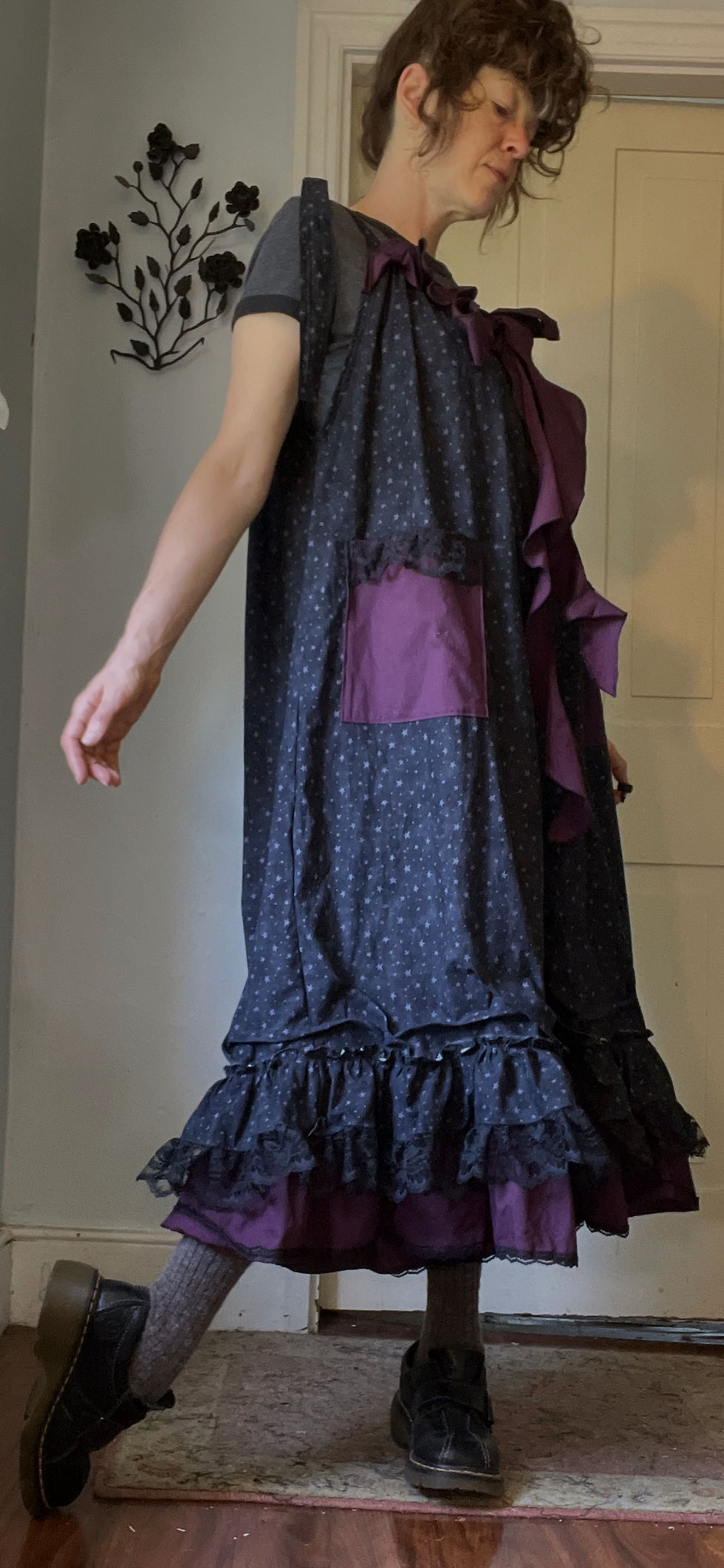 Thumbnail: Black Mini Stars/Plum Fluffy Bowtie Babydoll Overalls!! O/S