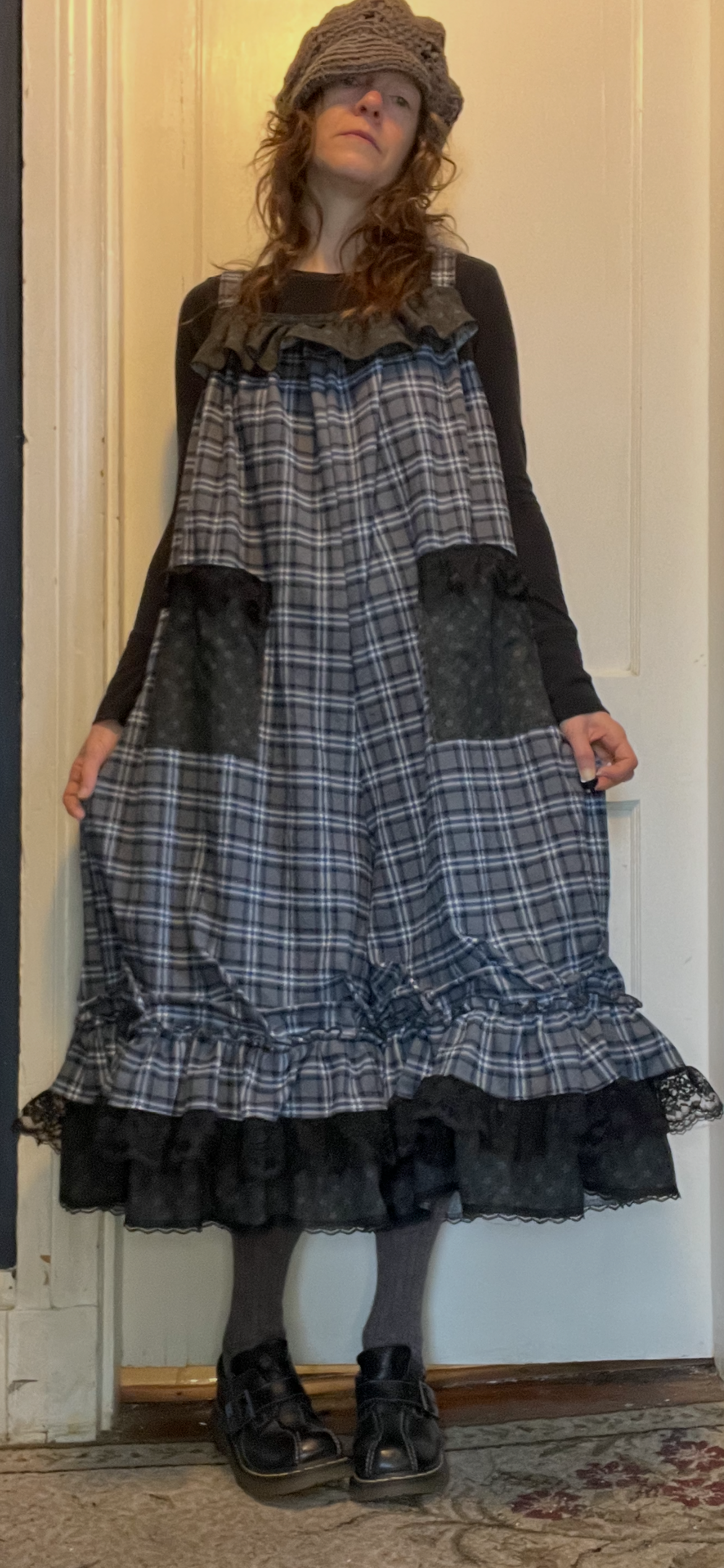 Bluish Plaid Flannel/Floral Ruffly Lacy Babydoll Overalls!! O/S