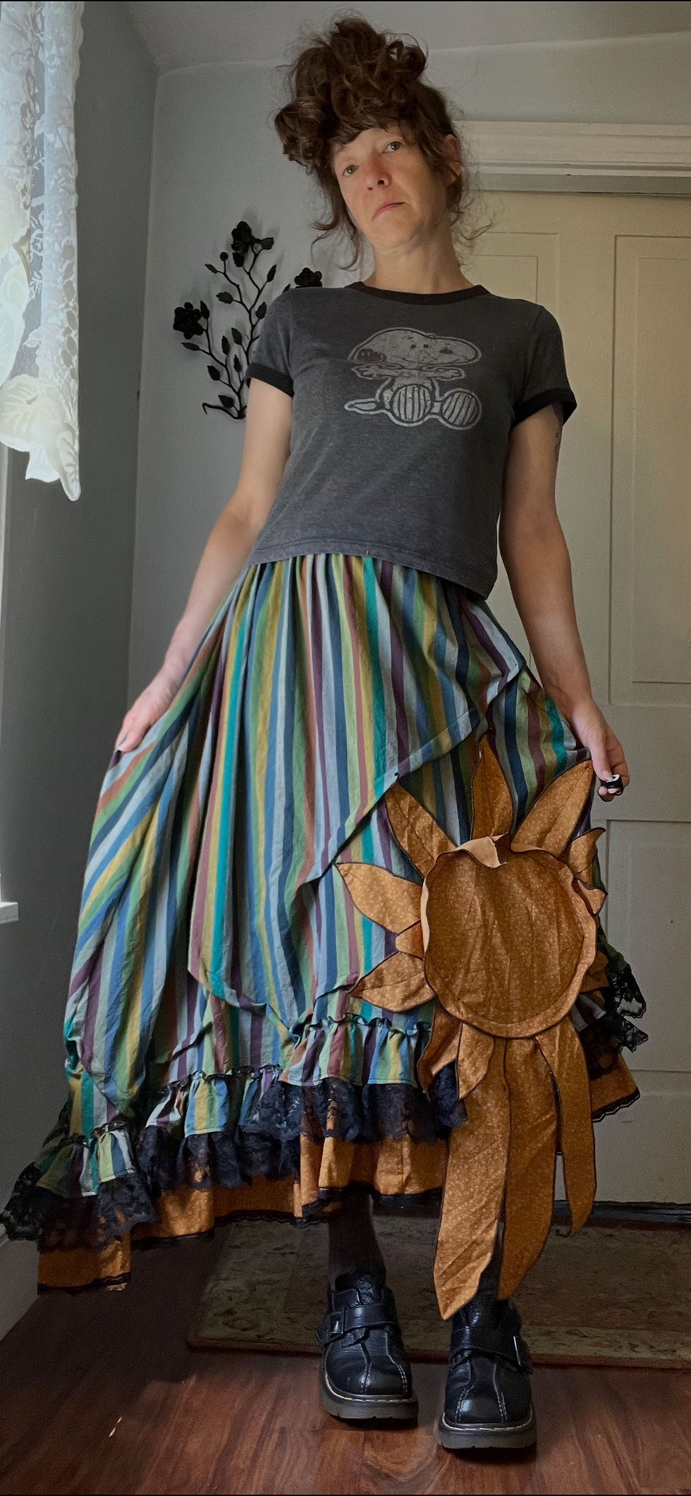 Thumbnail: Bluish Stripe/Gold Floral Sunflower Slanted Skirt!! 