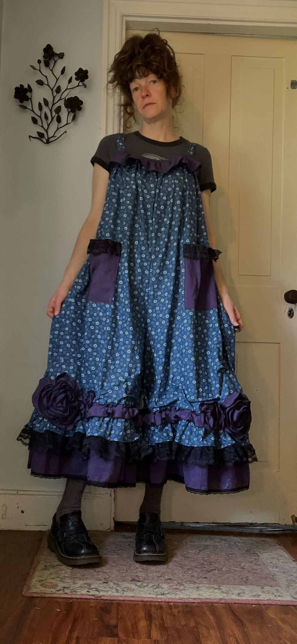 Thumbnail: Blue Floral/Purple Ruffly Rose Flower Babydoll Overalls!! O/S