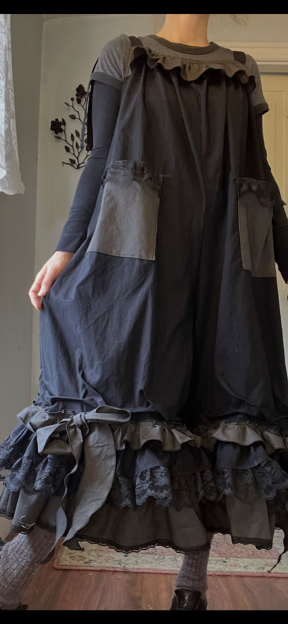 Thumbnail: Black/Dark Gray Ruffly Bowtie Babydoll Overalls!! O/S