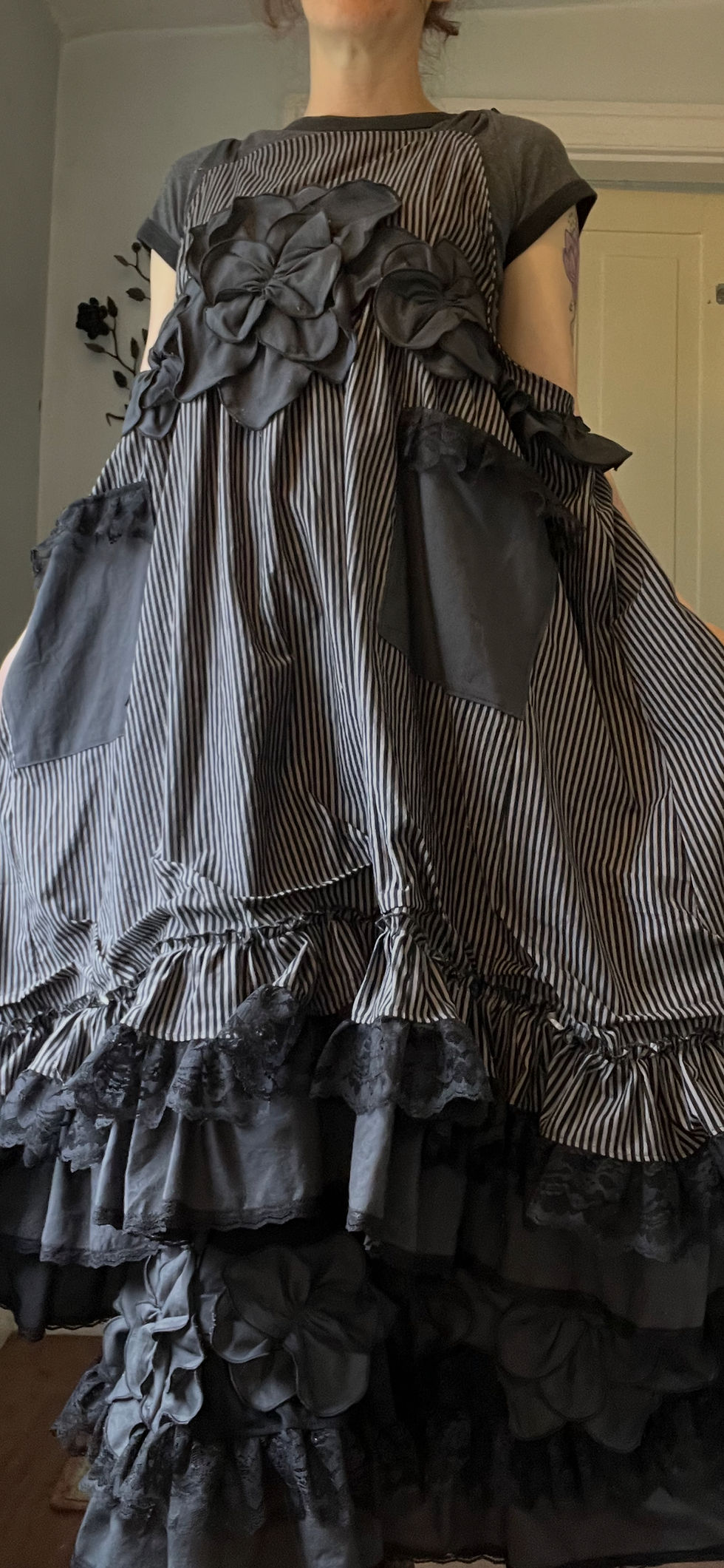 Thumbnail: Black Pinstripe Big Flower Apron Jumper!! O/S