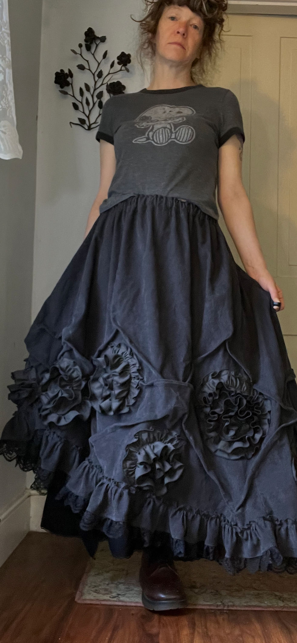 Thumbnail: Charcoal Corduroy Slanted Swirl Flower Skirt!! O/S