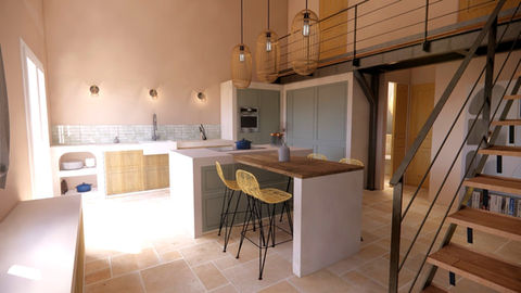 cuisine rustique maçonnée vert de gris mezzanine