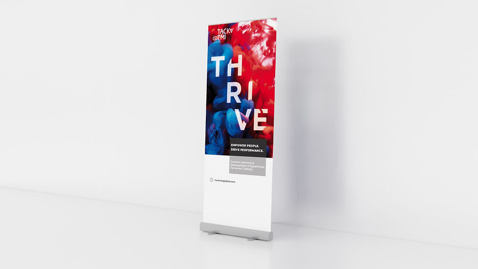 Render of a banner stand showing a companies branding against white walls.