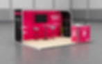 3D visualisation of a small modern modular exhibition stand with reception counter and branded display walls