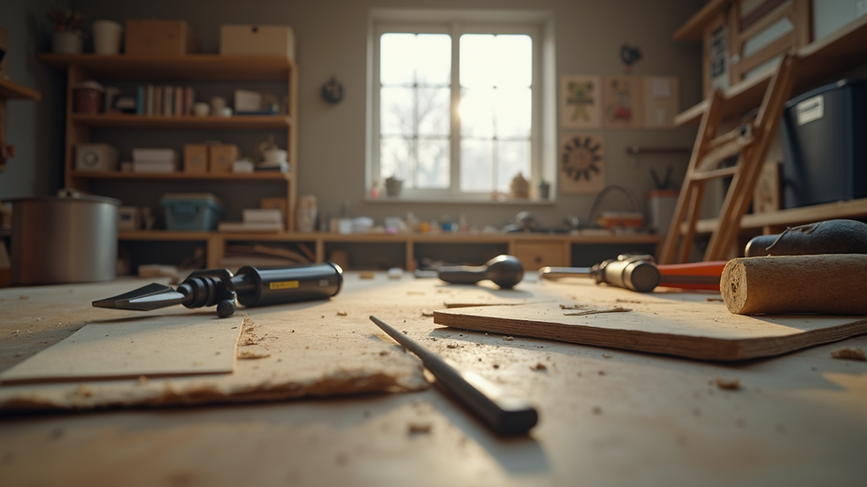Eye-level view of a workspace with tools and materials for a trade project