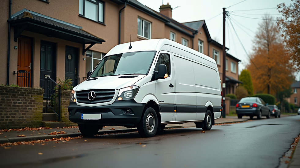 Eye-level view of a tradesman’s van parked outside a residential building