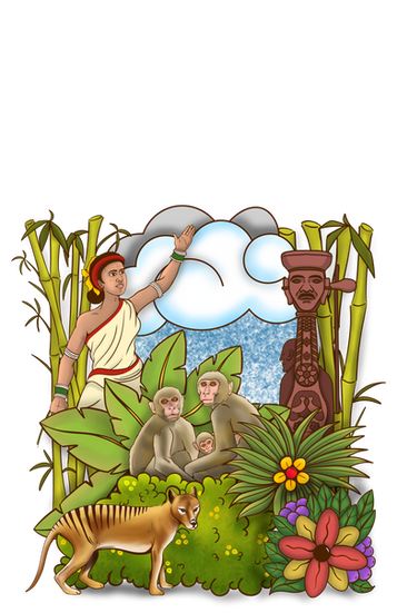 a cartoon of a woman surrounded by monkeys and a statue