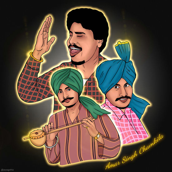 a drawing of a man with the name amar singh chamkila on the bottom