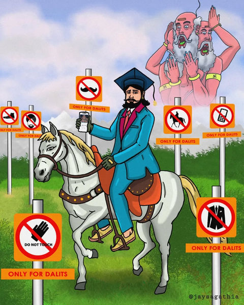 a cartoon of a man riding a horse with signs that say only for dalits