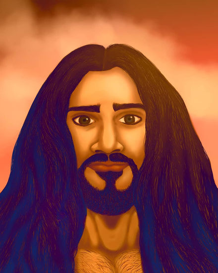 a drawing of a man with long hair and a beard