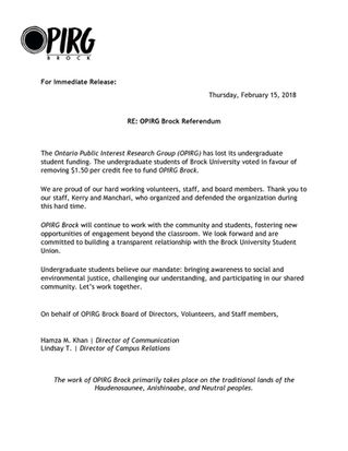 OPIRG Brock Referendum Results