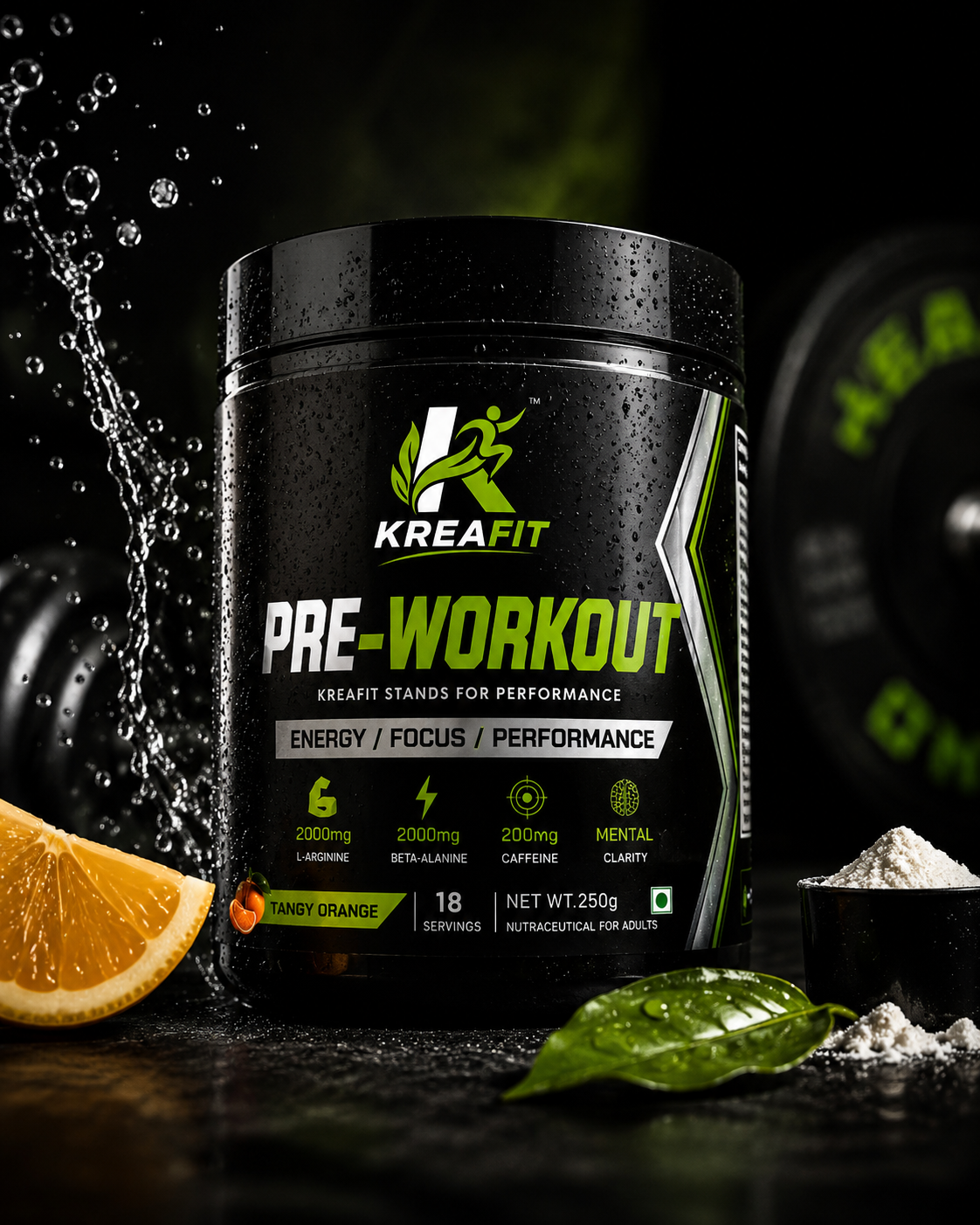 KREAFIT Pre-Workout | Tangy Orange | 250g | 18 Servings Pre Workout Supplement