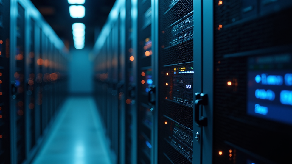 Close-up of a server rack with blinking lights in a data center