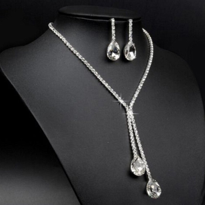 Miniatura: Conjunto de Colar e Brincos Gota de Cristal Noiva