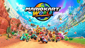Mario characters on karts racing towards screen
