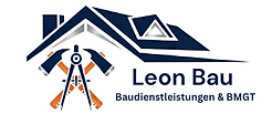 Das Logo der Firma Leon Bau zeigt das stilisierte Dach eines Hauses mit einem Fenster, darunter ein Zirkel und zwei gekreuzte