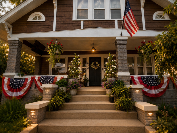 1915 Craftsman Home Porch with Bunting Flags