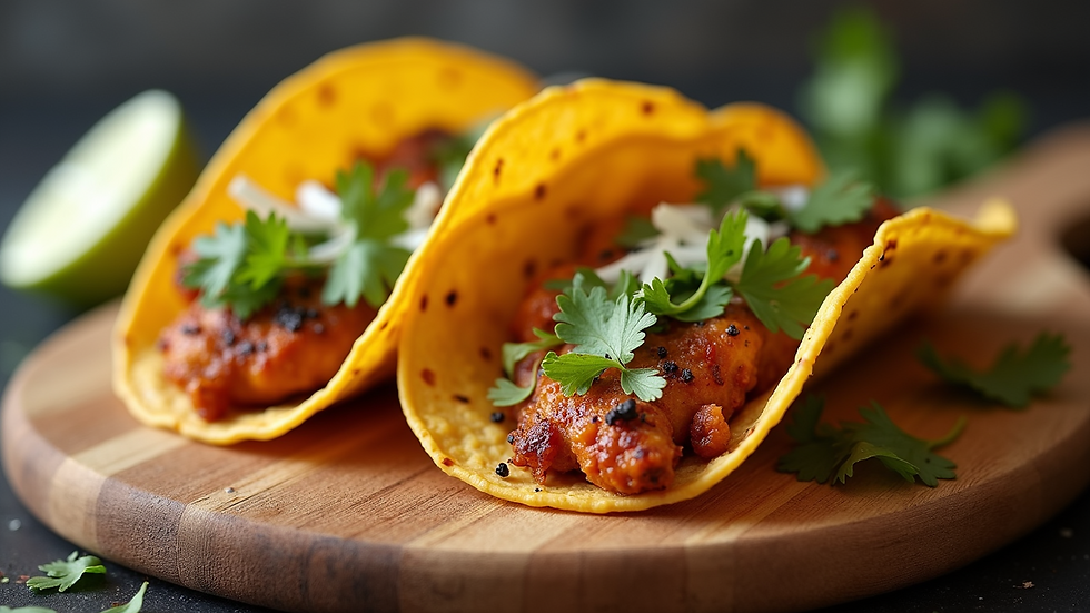 High angle view of spicy garlic chicken tacos on a wooden board