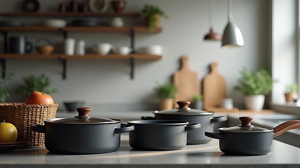 Eye-level view of assorted kitchen cookware displayed on a countertop