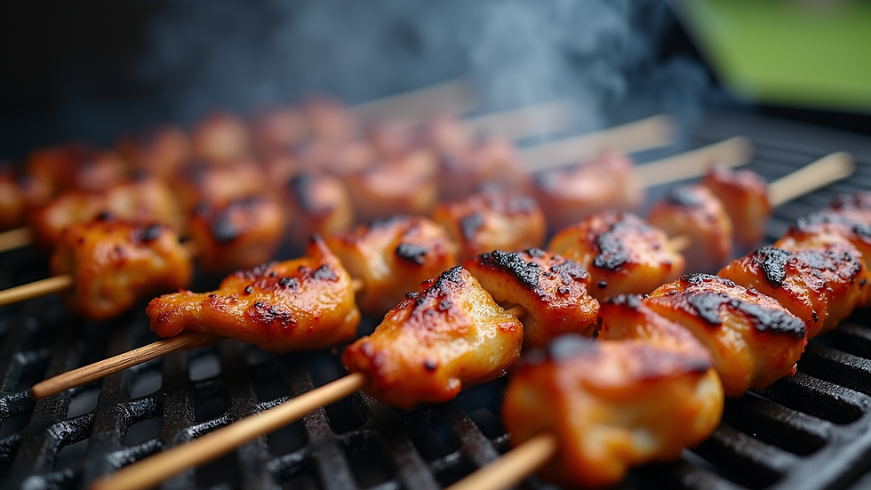 Eye-level view of BBQ chicken skewers on a grill