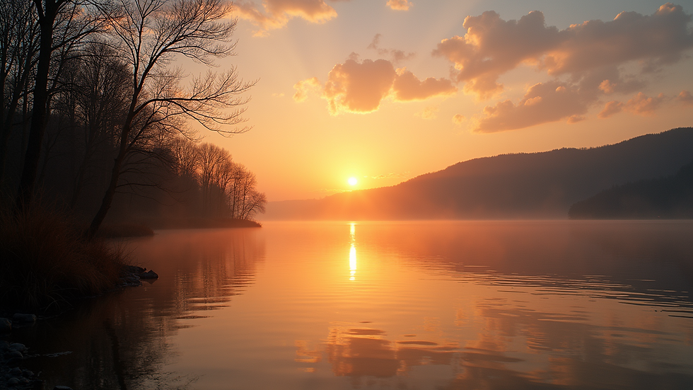 Eye-level view of a sunset over a calm lake, highlighting nature's peace