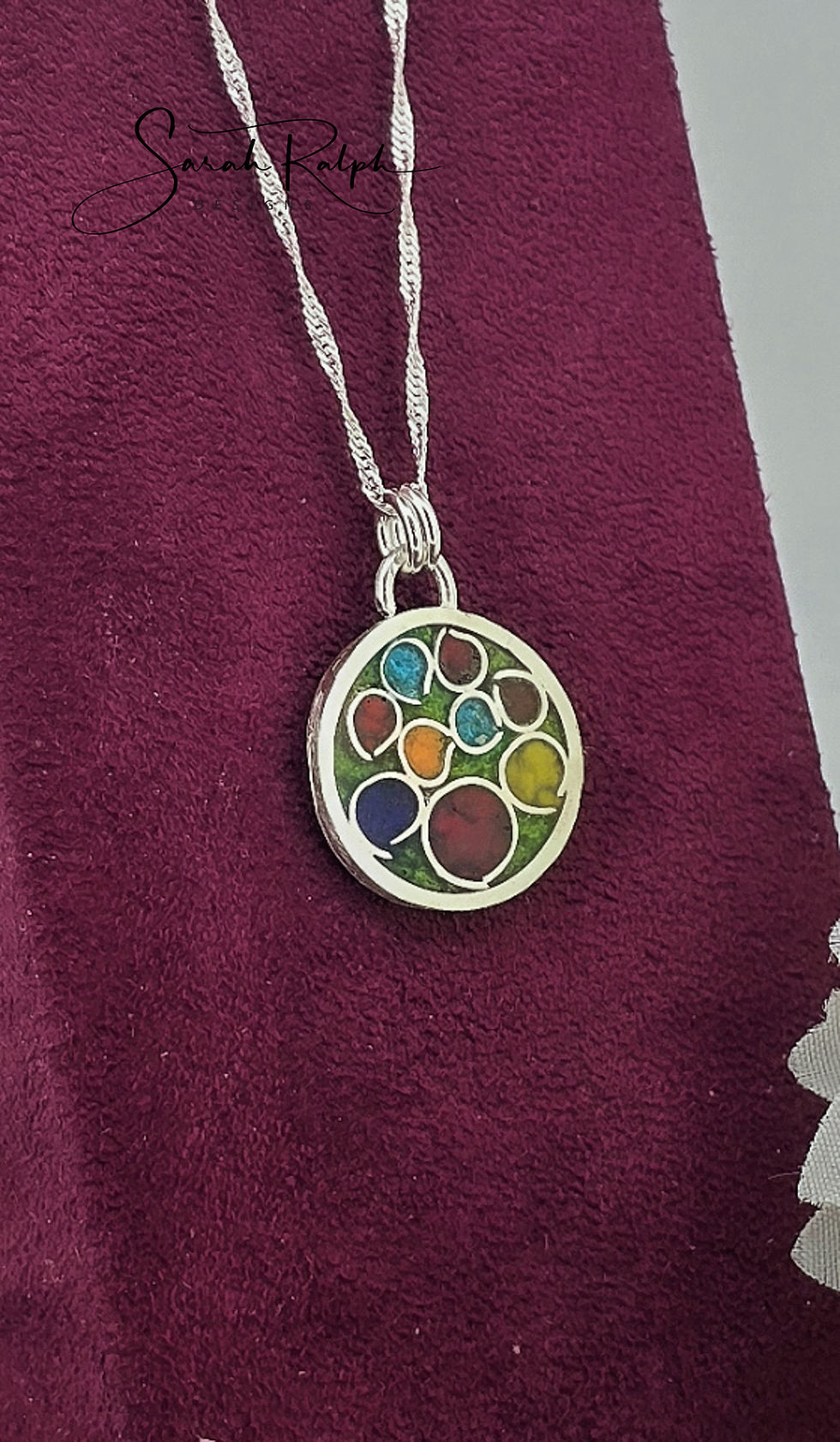 Thumbnail: Round Rainbow Cathedral Cloisonne Pendant with green background