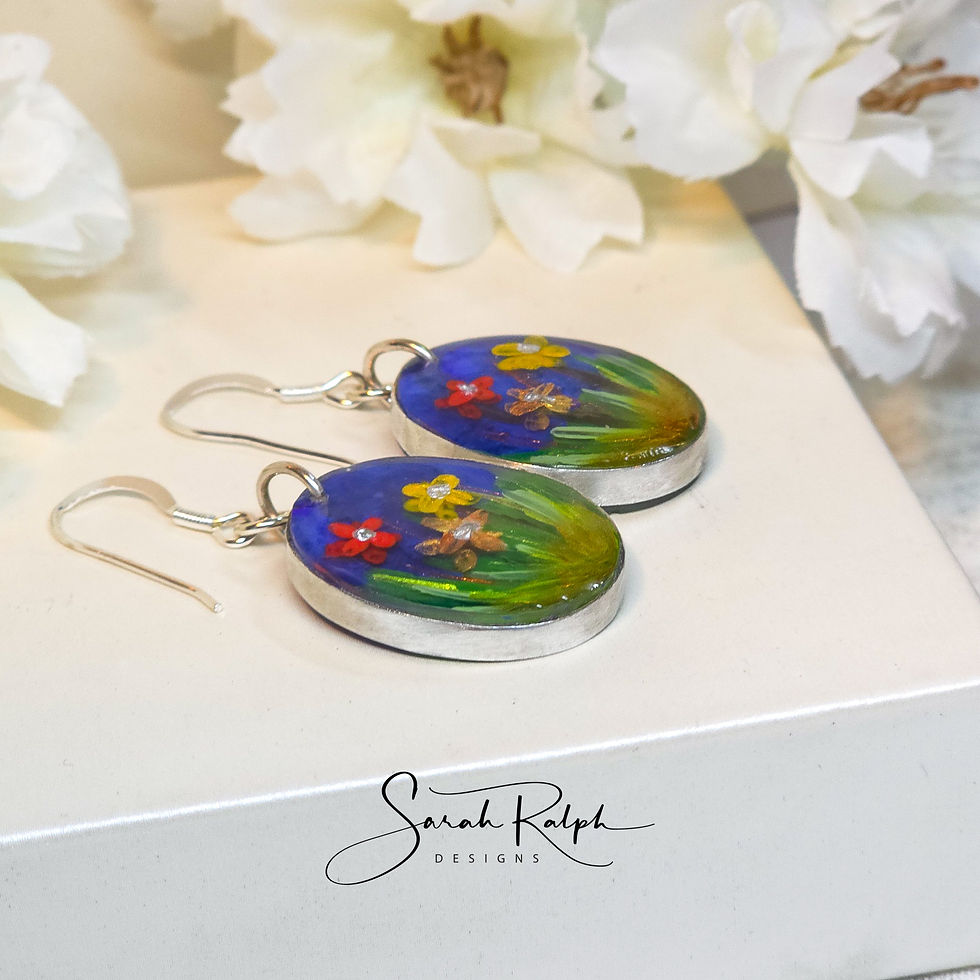 Thumbnail: Oval triple red, gold and yellow Daisy Earrings