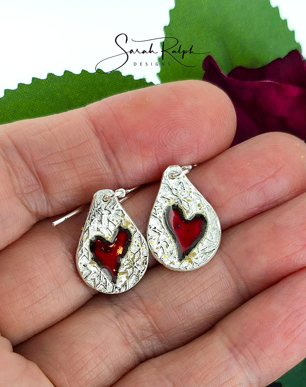 Thumbnail: Teardrop Stained Glass Earrings with Red  Hearts