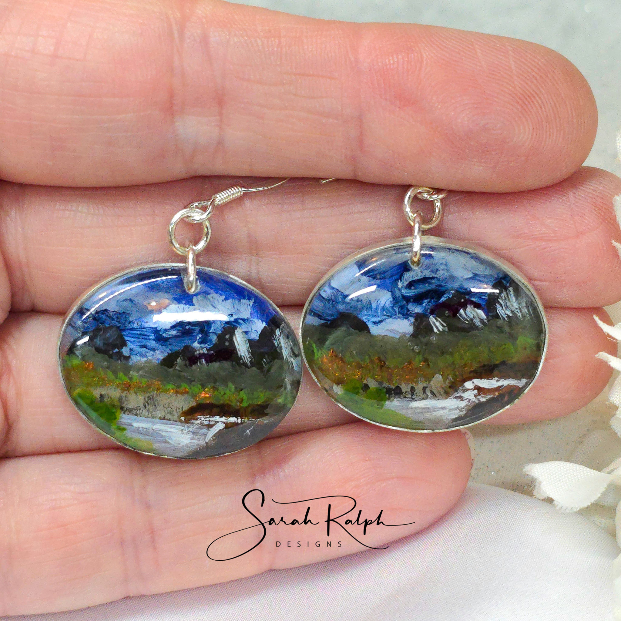 Wearable Art Mountain Landscape Earrings with waterfall