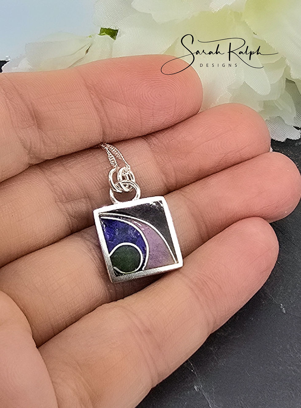 Thumbnail: Square Green, Blue, Pink and Purple Cathedral Cloisonne Pendant