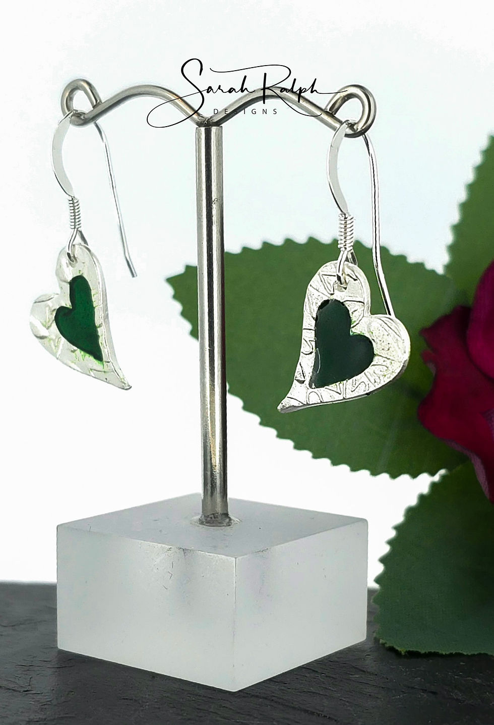 Thumbnail: Green Heart Stained Glass Earrings