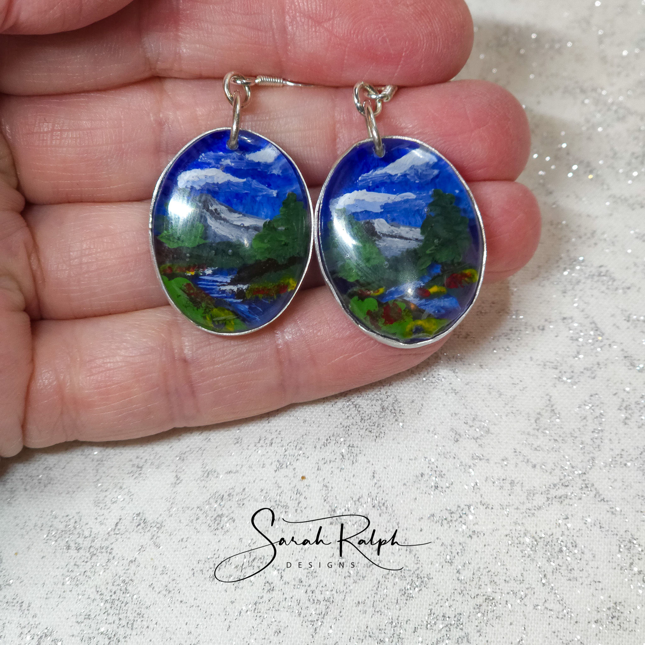 Wearable Art Mountain Landscape Earrings with River