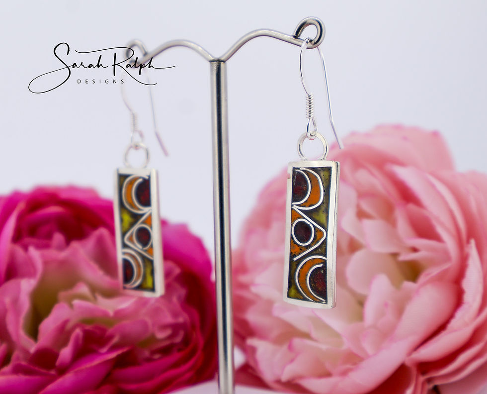 Thumbnail: Long Yellow, Orange and Red Cathedral Cloisonne Earrings