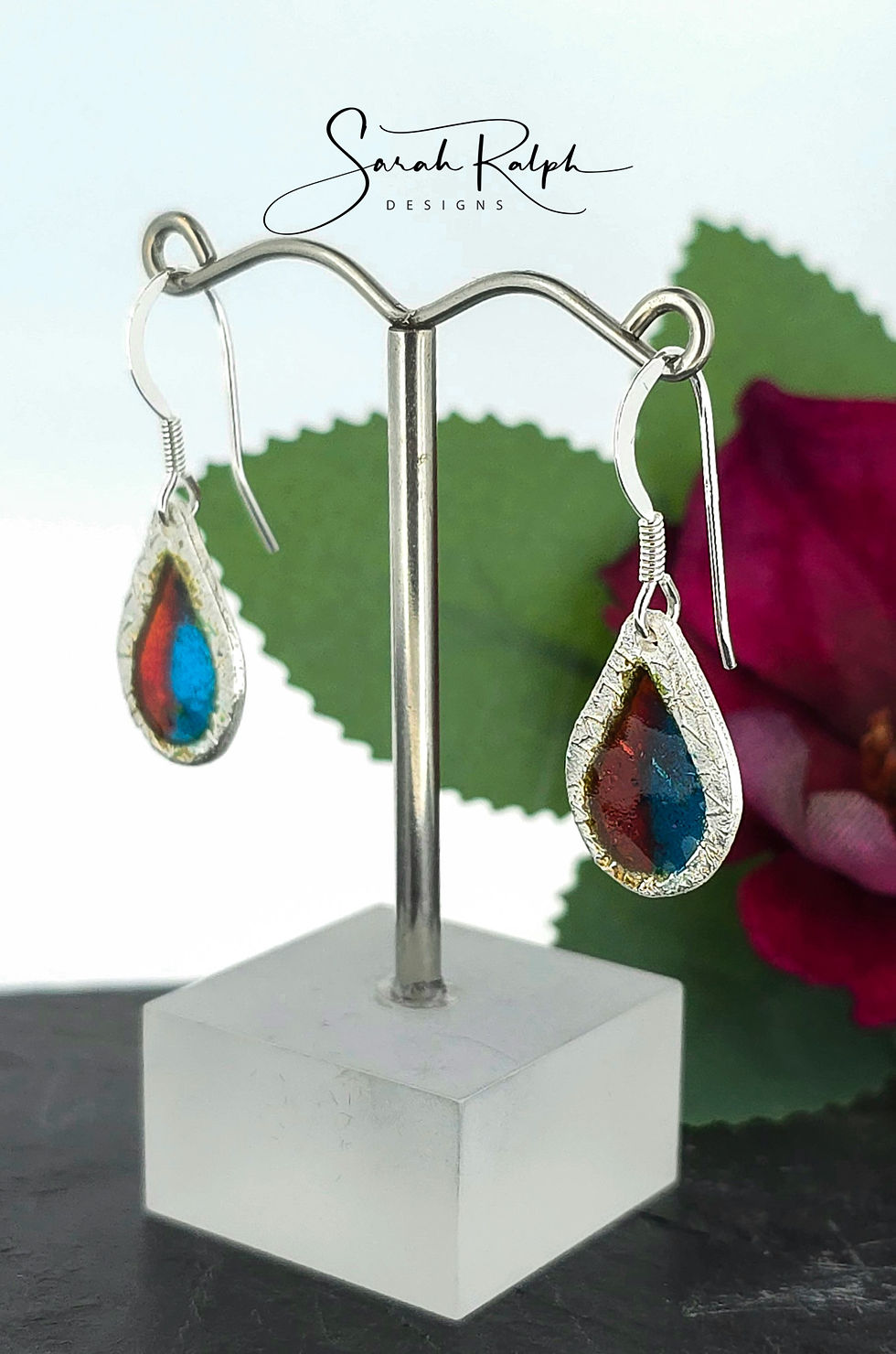 Thumbnail: Two Tone Red and Blue Teardrop Stained Glass Earrings