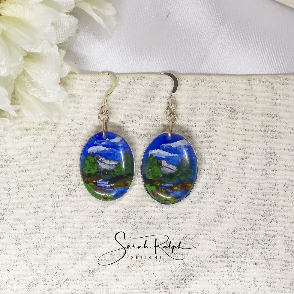 Thumbnail: Wearable Art Mountain Landscape Earrings with River