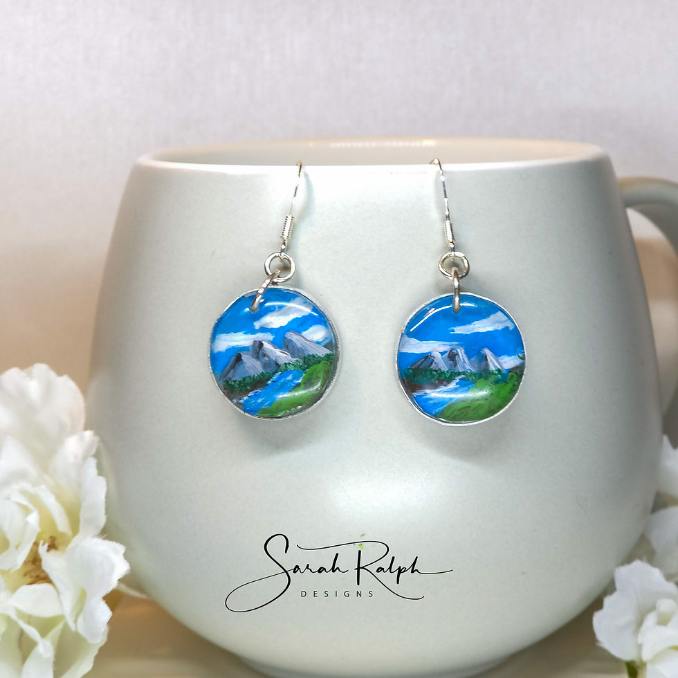 Thumbnail: Round Wearable Art Mountain Landscape Earrings with River