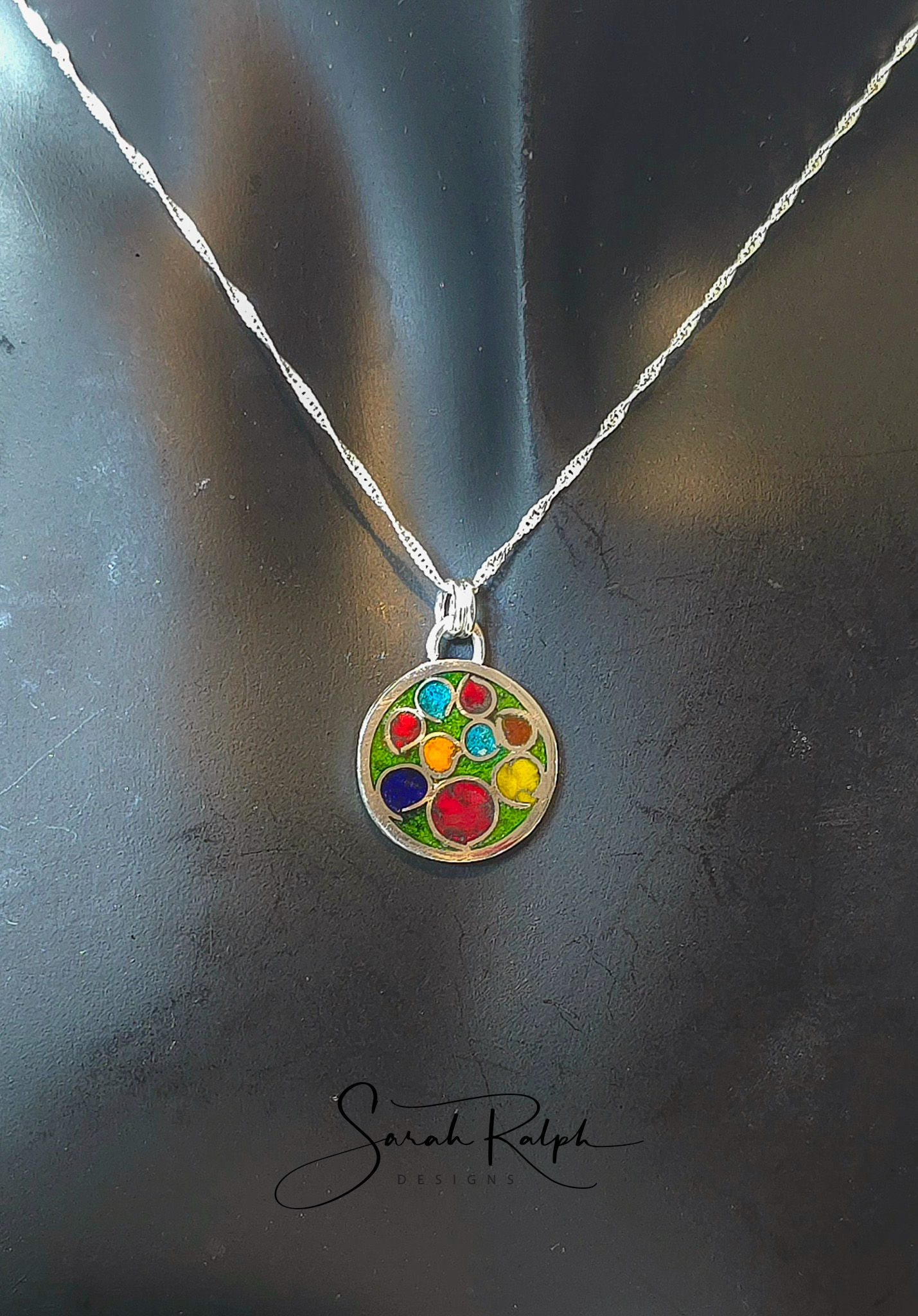 Round Rainbow Cathedral Cloisonne Pendant with green background