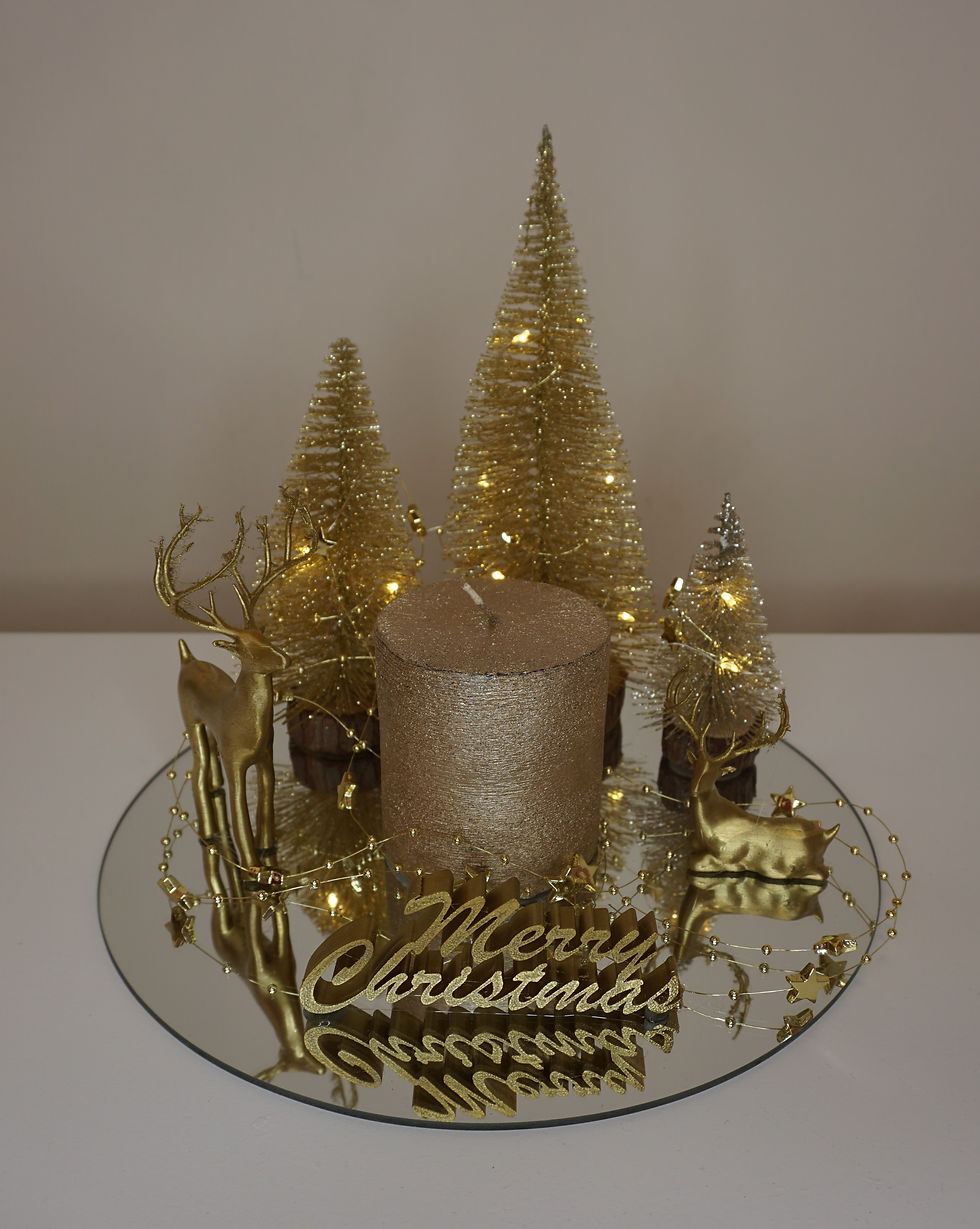 Μικρογραφία: Σύνθεση σε στρογγυλό καθρέφτη, με χρυσά δεντράκια, κερί, ελαφάκια και led